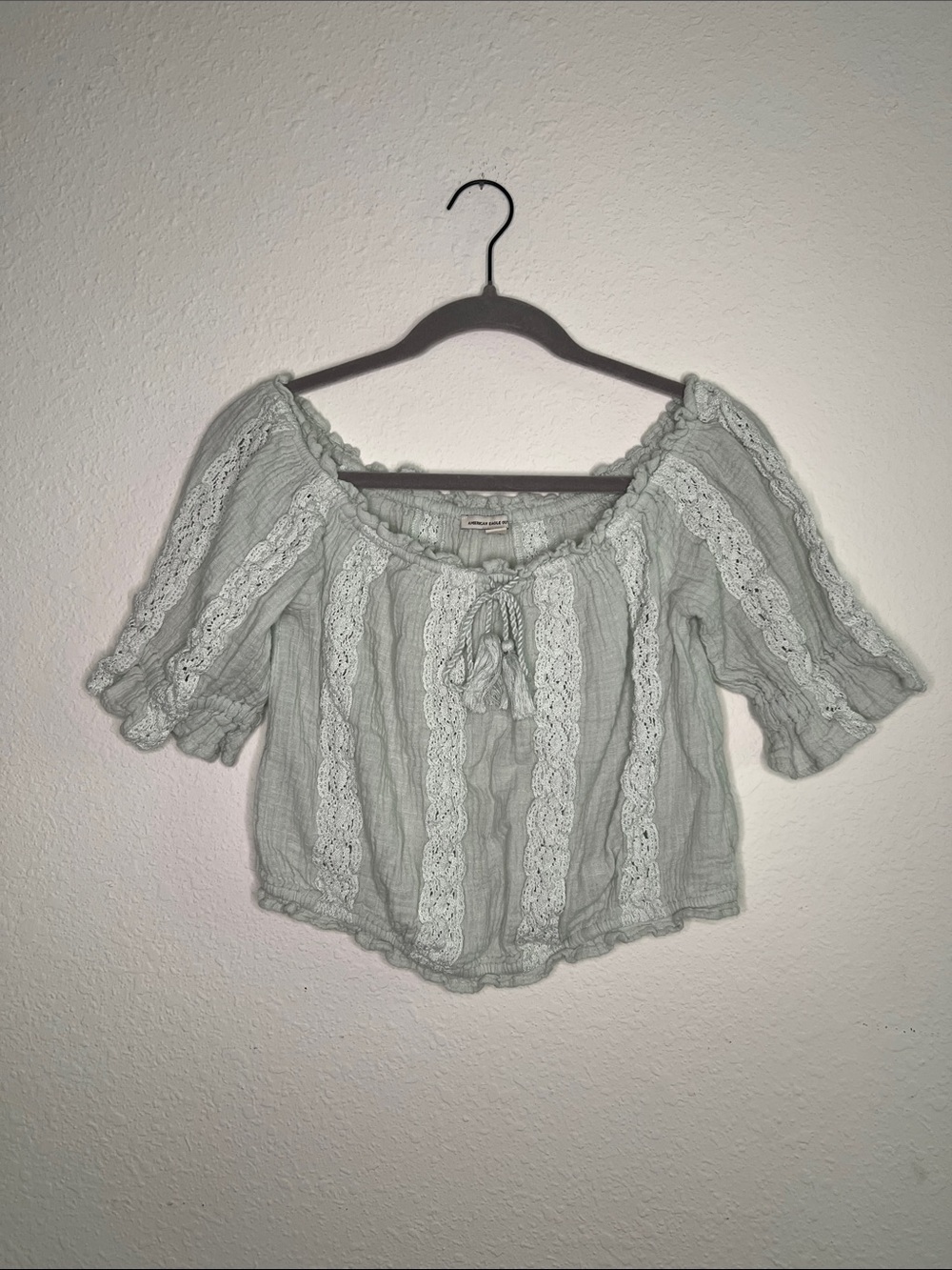 American Eagle Outfitters Mint Green Lace-Trim Off-Shoulder Top 100% cotton